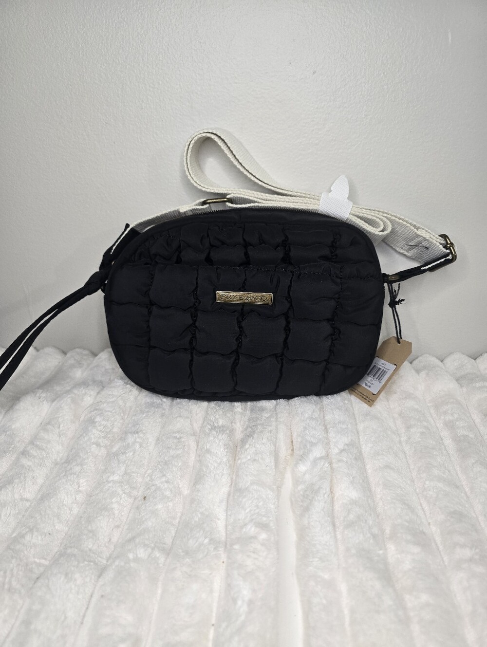 FRYE AND CO. Black Quilted Crossbody Bag With Cream Strap NWT